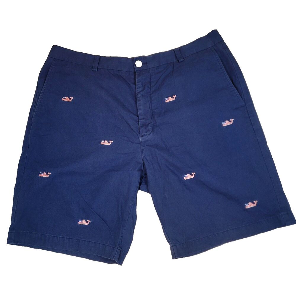 Vineyard Vines Blue Chino Men's Shorts 38 Flag Whale 4th Of July Embroidered